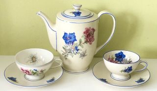 Antique Pmr Bavaria Germany Us Zone Porcelain Blue Pink Floral Tea Pot Set For 2