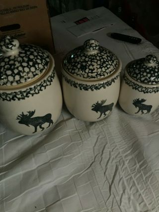Tienshan Folk Craft Moose Country Set Of 3 Ceramic Canister Set With Lids