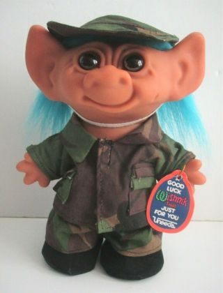 Uneeda Good Luck Wishnik 8 " Troll Soldier In Fatigues With Blue Hair
