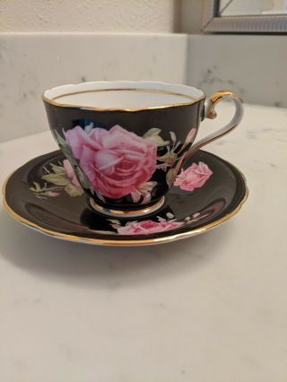 Aynsley Tea Cup & Saucer Pink Roses Black - Gold Trim Pattern C920