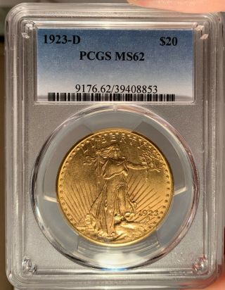 1923 - D $20 Pcgs Ms 62 St.  Gauden’s Gold Double Eagle