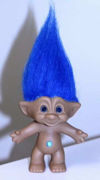 Vtg Treasure Troll Doll Ace Novelty Co.  Blue Hair/eyes/wish Stone Belly Button
