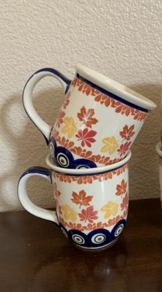Polish Pottery Boleslawiec Wiza 2 Mugs Cups Fall Autumn Maple Leaves