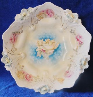 10 5/8 " Rs Prussia Lily Mold 29 Deep Bowl With Yellow & Pink Roses
