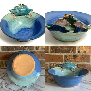 Deguzman Studio Pottery Handcrafted Blue Crab Bowl Aqua Green Glaze 7.  75” X 3”