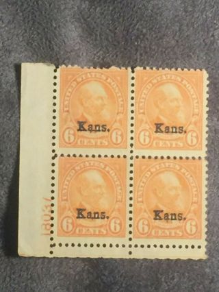 Scott Us 664 1929 6c " Kans.  " Overprint Plate Block Of 4 Stamps Mh