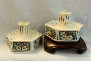 Weller Pottery: Rare Florala Pattern Lovely Hand - Painted Candlestick Holders