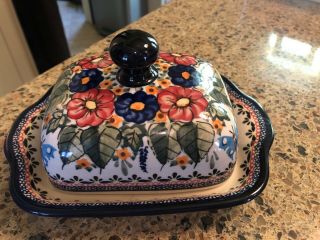 Polish Pottery Butter Dish Cheese Lid Handmade Poland Unikat Bright Flowers Wide