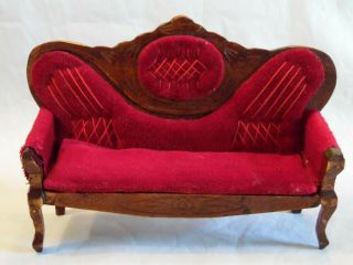 Victorian Red Velvet Wood Sofa Dollhouse Furniture