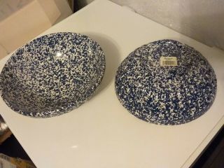 (2) 9 Inch Royal Haeger Blue Round Embossed Fruit Salad Pasta Bowl Handcrafted