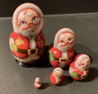 Vintage Christmas Santa Claus Wood Matryoshka Nesting Dolls Set Of 5