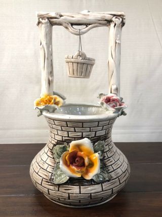 Large 14.  5” Tipo Capodimonte Vintage Wishing Well - Pink Yellow Roses - Italy