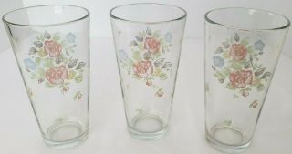 Three Pfaltzgraff Tea Rose Glassware Large Cooler Glasses 24 Oz.  6 - 3/4 " Tall