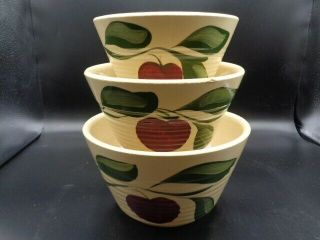 3 Vintage Watt Pottery Yellowware Mixing Bowls 6 ",  7 " & 8 " - Apple