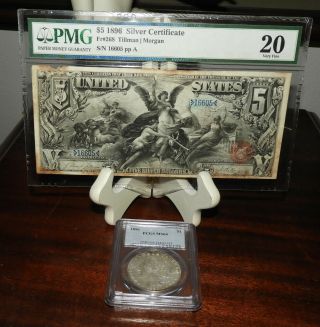 1896 $5 Educational Note Pmg 20 Very Fine W/ 1896 Morgan Silver Dollar Pcgs Ms64