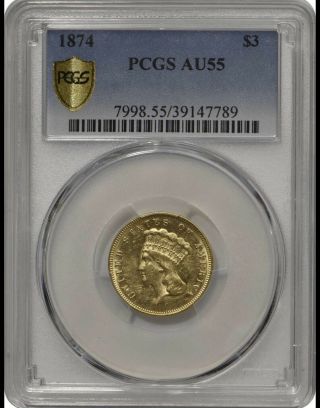 1874 $3 Pcgs Au 55 Gold Shield (almost Prooflike) Pretty