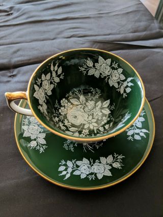 Aynsley Teacup & Saucer - Green/white/gold Design - Cabbage Roses And Leaves