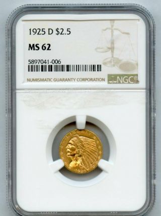 1925 - D Gold $2.  5 Indian Head Ngc Ms 62