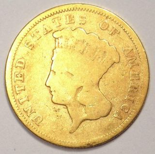 1857 - S Indian Three Dollar Gold Coin ($3) - Vg Details - Rare Date Coin