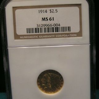 1914 $2.  50 Indian Head Gold Coin - Ngc Ms61