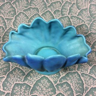 Van Briggle Pottery Ming Blue Center Flower Bowl With Flower Frog