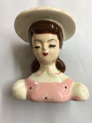 Vintage Lady Head Vase Small 3.  75” Tall Pink Dress White Hat