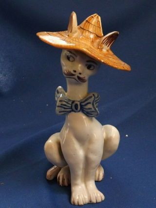 Antique French Faience Signed Mosanic Whimsical Cat With Straw & Restored