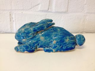 Vintage Small Turquoise Blue Glazed Pottery Rabbit Figurine Signed Nielson