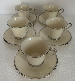 Lenox Solitaire Fine China Tea/coffee Cups & Saucers Set Of 5 Platinum Rims