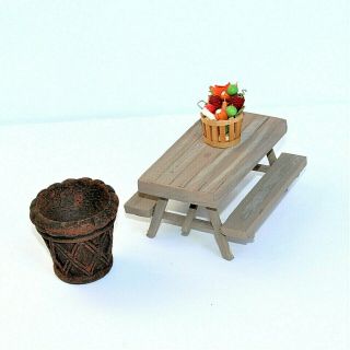 Dollhouse Miniature Fairy Garden Flower Pot Planter Picnic Table Basket Fruit