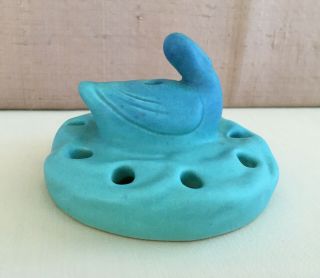 Vintage Blue Green Pelican Bird Ceramic Flower Frog Pottery 10 Holes
