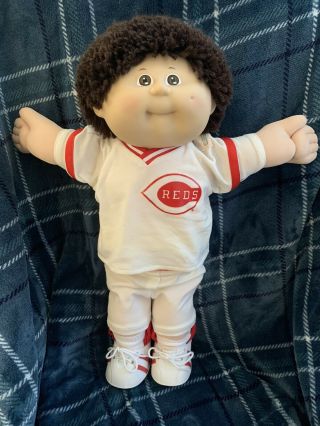 Vintage 1986 Cabbage Patch Boy Doll With Reds Baseball Uniform Dimple,  Big Thumb