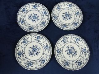 4 Johnson Brothers Indies Blue Dinner Plates Flower Swirl 9 3/4 "