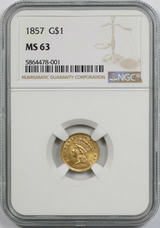 1857 G$1 Ngc Ms 63 Indian Princess Head Gold Dollar