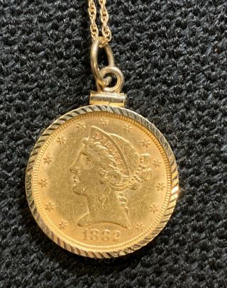 1882 Liberty Head $5 Gold Half Eagle Necklace With 14k A&z Chain