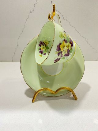Vintage Aynsley Tea Cup & Saucer Set Green Floral English Fine Bone China