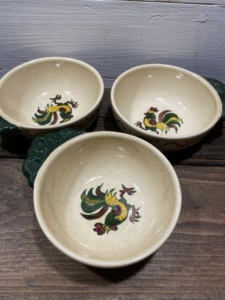 3 Metlox Poppytrail Green Rooster Lugged Soup Bowls Bowl