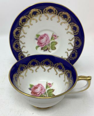 Aynsley Pink Cabbage Rose Teacup & Saucer Heavy Gold Cobalt Blue Enameling