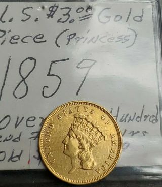1859 $3 Gold Indian Princess Three Dollar Coin - Au Obverse Details,  Very Rare