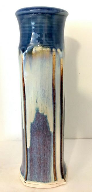 Bill Campbell Studio Art Pottery Vase 12 " H Blue Brown Drip Glaze Polygon Euc