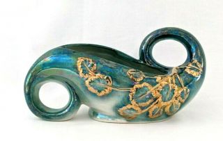 Vintage Norcrest Iridescent Ceramic Vase Planter Teal Peacock Blue Gold Japan