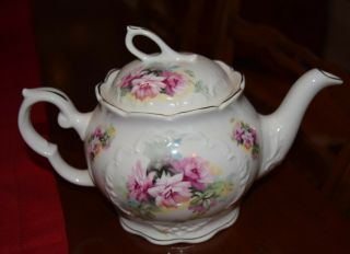 Crown Dorset Staffordshire England Vintage Tea Pot Heavy Roses W/ Gold Trim Evc