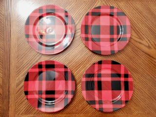 Rare Fitz And Floyd Fine Porcelain Set O 4 Black And Red Plaid Salad Plates