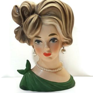 Large Vintage Napcoware 7 " Lady Head Vase C7294 Green Dress Earrings Necklace