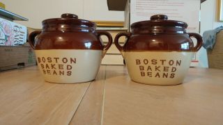2 Vintage Boston Baked Beans Crocks.  Monmouth Western Maple Leaf Two Handle.