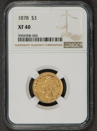 1878 $3 Gold Indian Princess Three Dollar - Ngc Xf 40 - Luster - Sku - X847