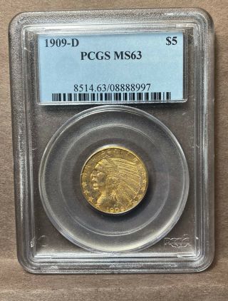 1909 D $5 Gold 1/2 Eagle Pcgs Ms63
