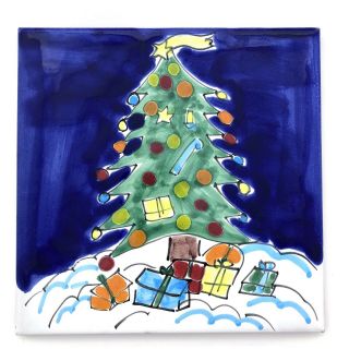 Vintage Zanolli Italy Majolica Glazed Tile Trivet Christmas Tree 7.  5 " Square