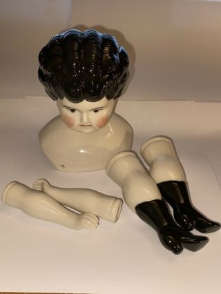 Shiny Porcelain Doll Head,  Arms & Legs Doll Parts Dark Hair With Rosy Cheeks