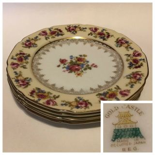 4 Dessert Plates Occupied Japan Gold Castle Floral Pink Yellow Blue Flower 6.  5in